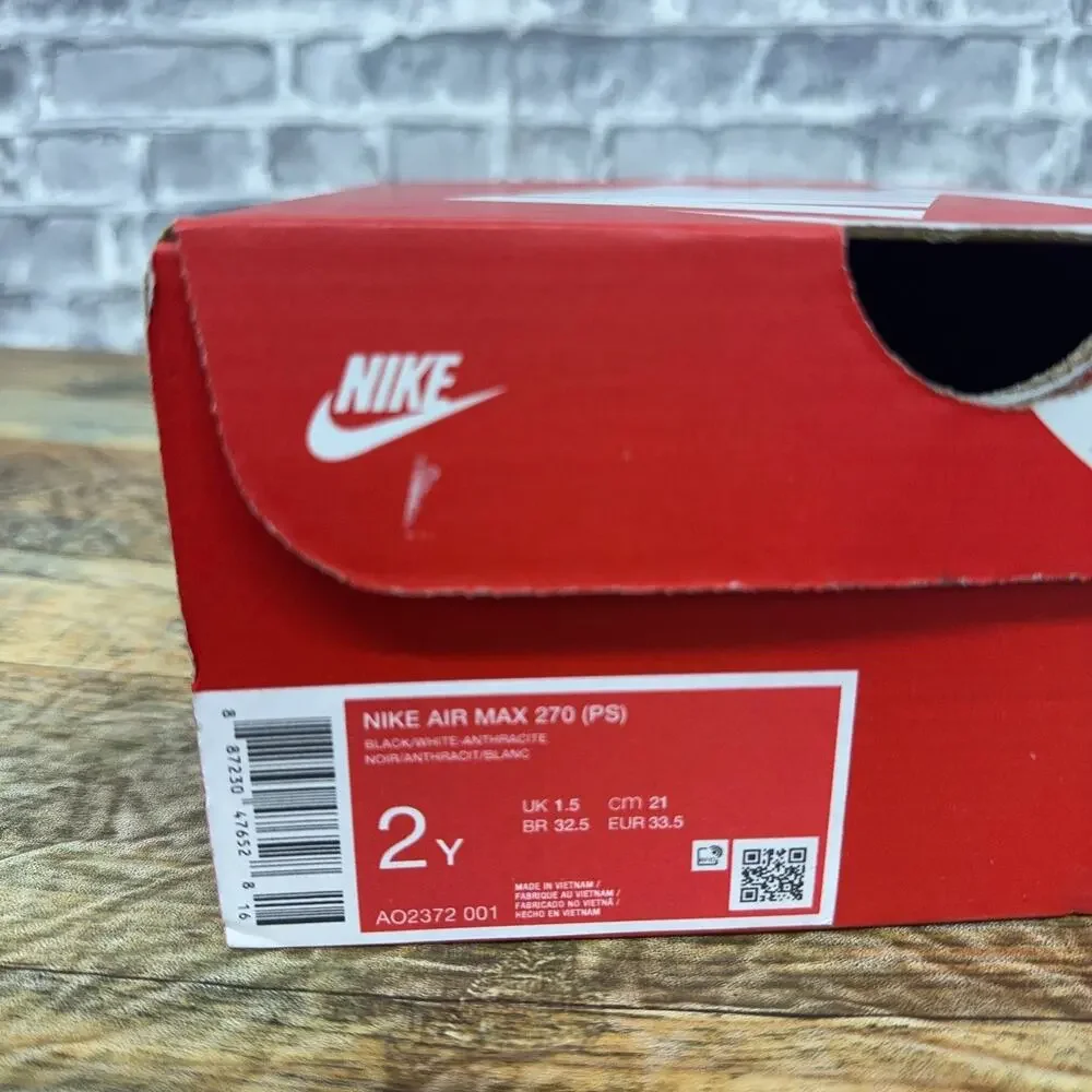 Nike Air Max 270 Black White Antrhhracite Red AO2372-001 PS Kids Size 2Y New